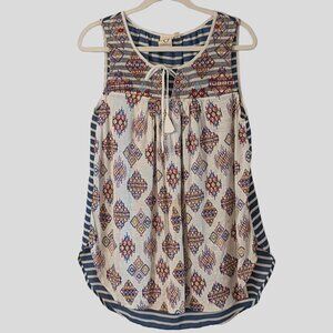 One September Embroidered Boho Tank Top Tassel Tie Mixed Print Size Medium